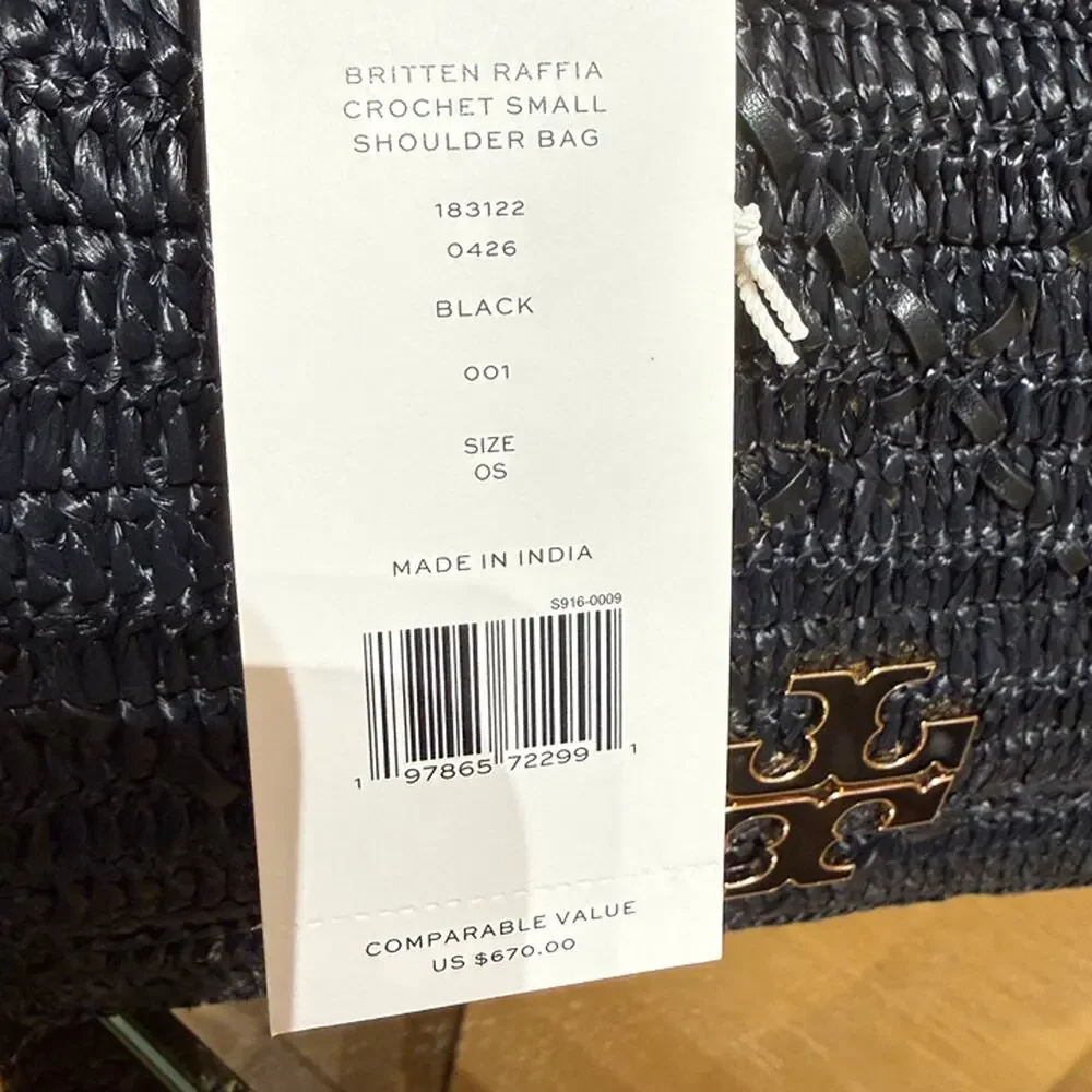 NEW‼️Tory Burch Britten Raffia Crochet Small Shoulder Bag 183122 $670 Black